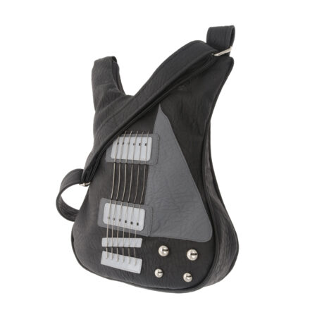 Ebony Rocker – geantă în formă de chitară electrică lucrată manual din piele vegană Ebony Rocker – geantă în formă de chitară electrică inspirată din instrumente rock