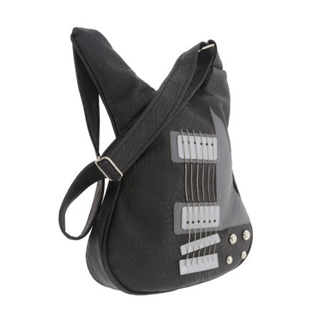 Ebony Rocker – geantă în formă de chitară electrică lucrată manual din piele vegană Ebony Rocker – geantă în formă de chitară electrică inspirată din instrumente rock
