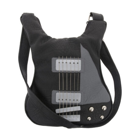 Ebony Rocker – geantă în formă de chitară electrică lucrată manual din piele vegană Ebony Rocker – geantă în formă de chitară electrică inspirată din instrumente rock