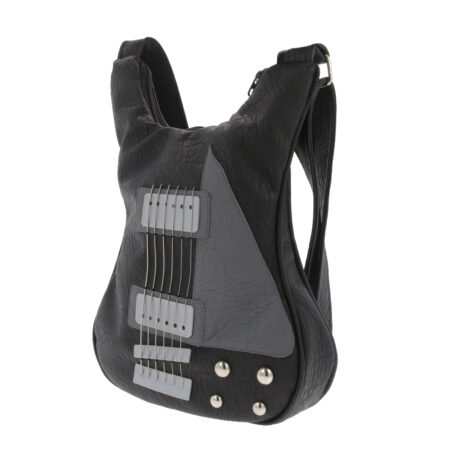 Ebony Rocker – geantă în formă de chitară electrică lucrată manual din piele vegană Ebony Rocker – geantă în formă de chitară electrică inspirată din instrumente rock