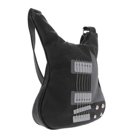 Ebony Rocker – geantă în formă de chitară electrică lucrată manual din piele vegană Ebony Rocker – geantă în formă de chitară electrică inspirată din instrumente rock